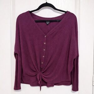 Burgundy Purple Waffle Knit Tie-Front Long Sleeve Top Women’s